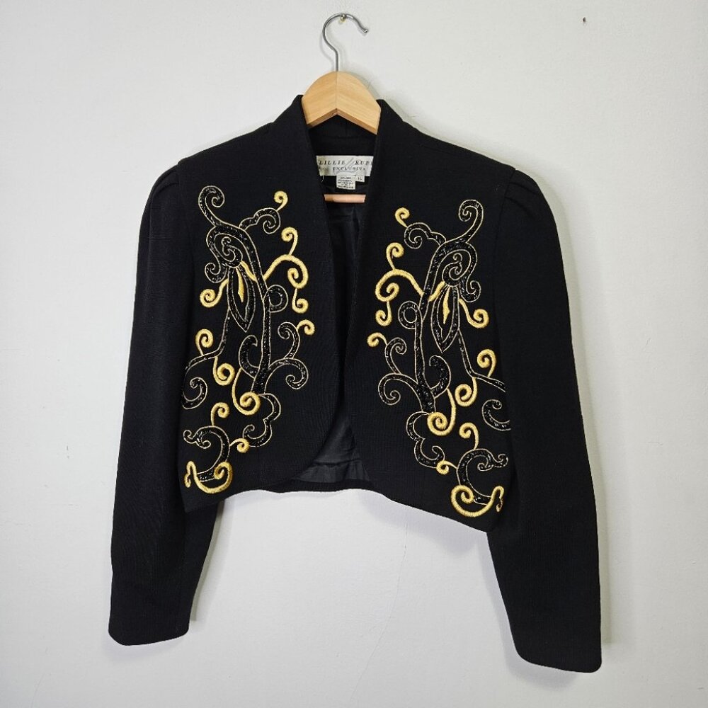 VTG Lillie Rubin Bolero Jacket Sz L Black Beaded Embroidered Wool Event Party